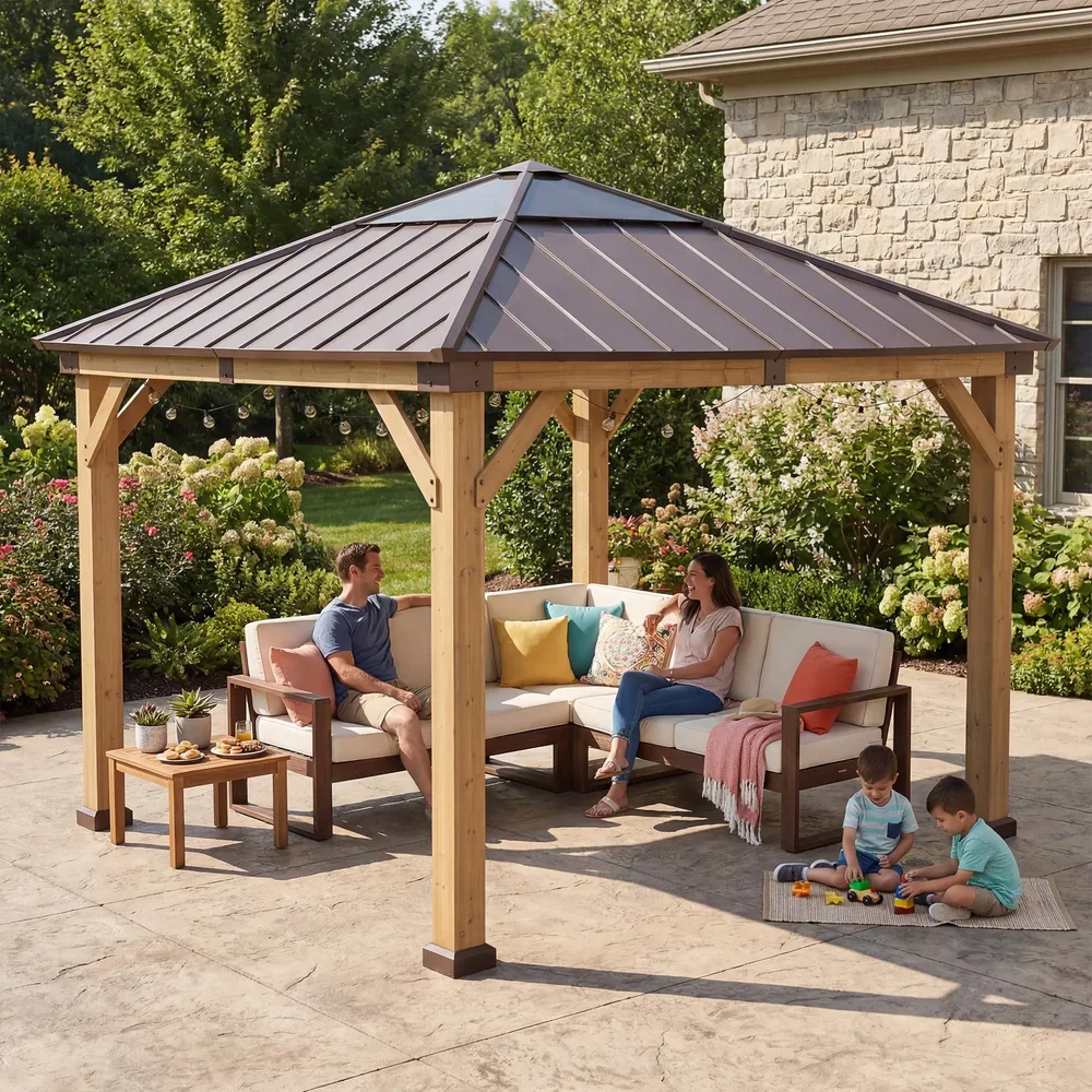 Sunjoy Wooden Gazebo with Metal Roof and Skylight 11x11
